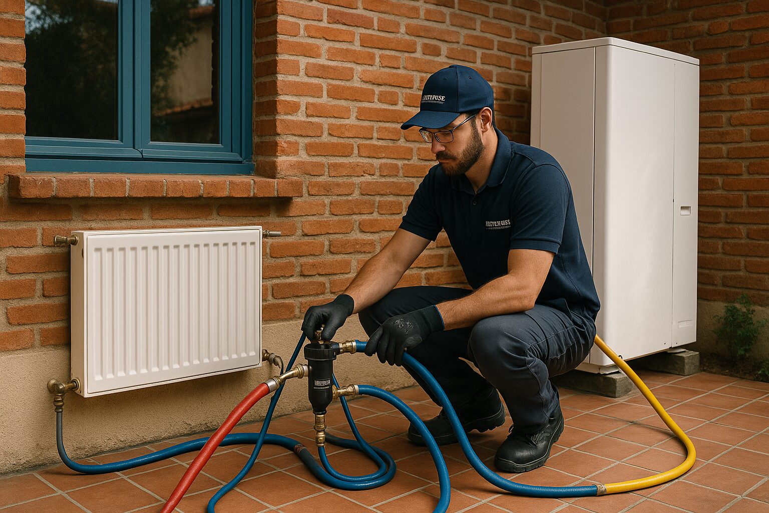 Technicien IEH ENR réalisant un désembouage sur circuit chauffage et PAC air/eau à Bouloc