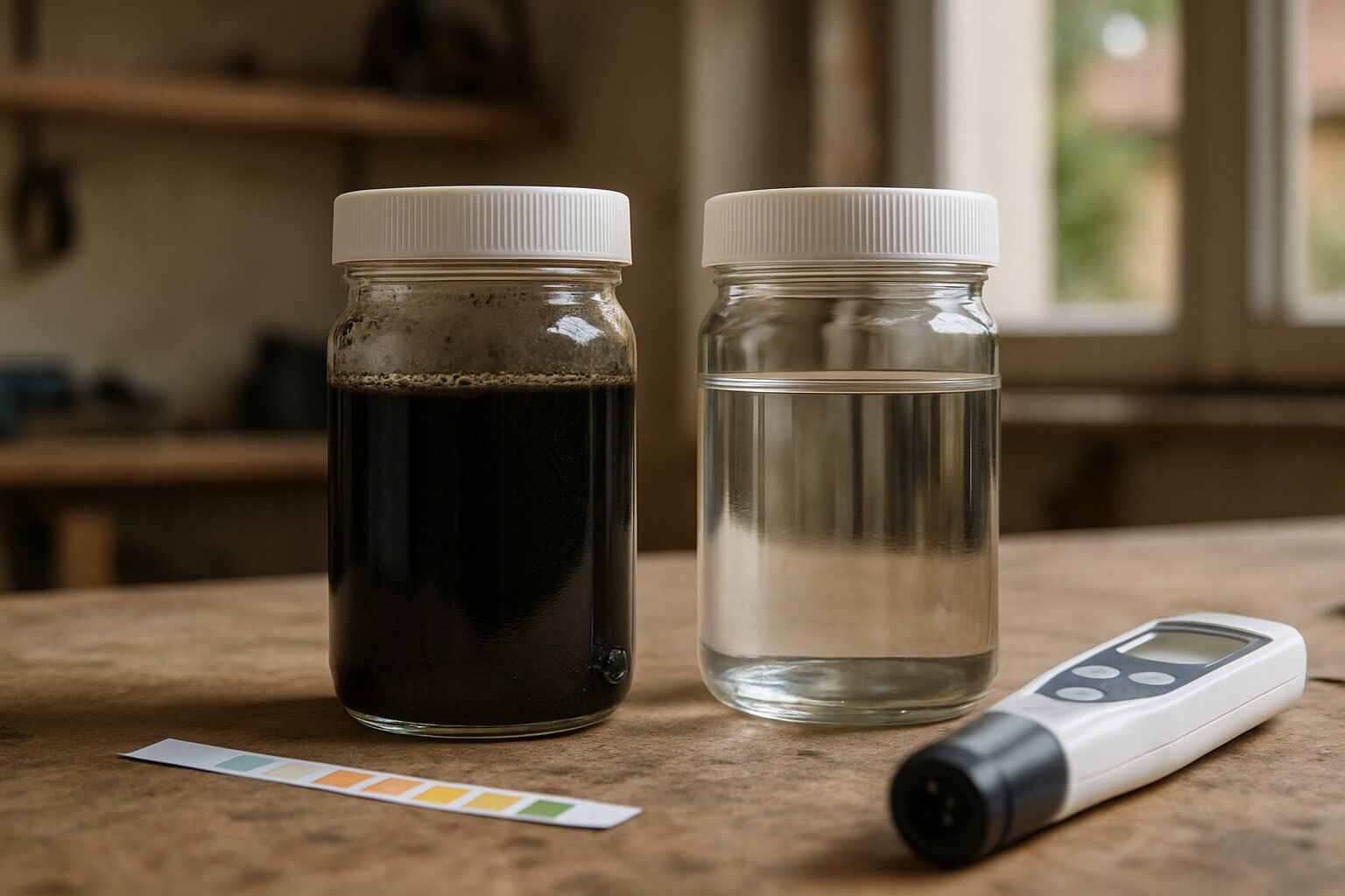 Échantillons d’eau du circuit avec boues avant désembouage à Bouloc