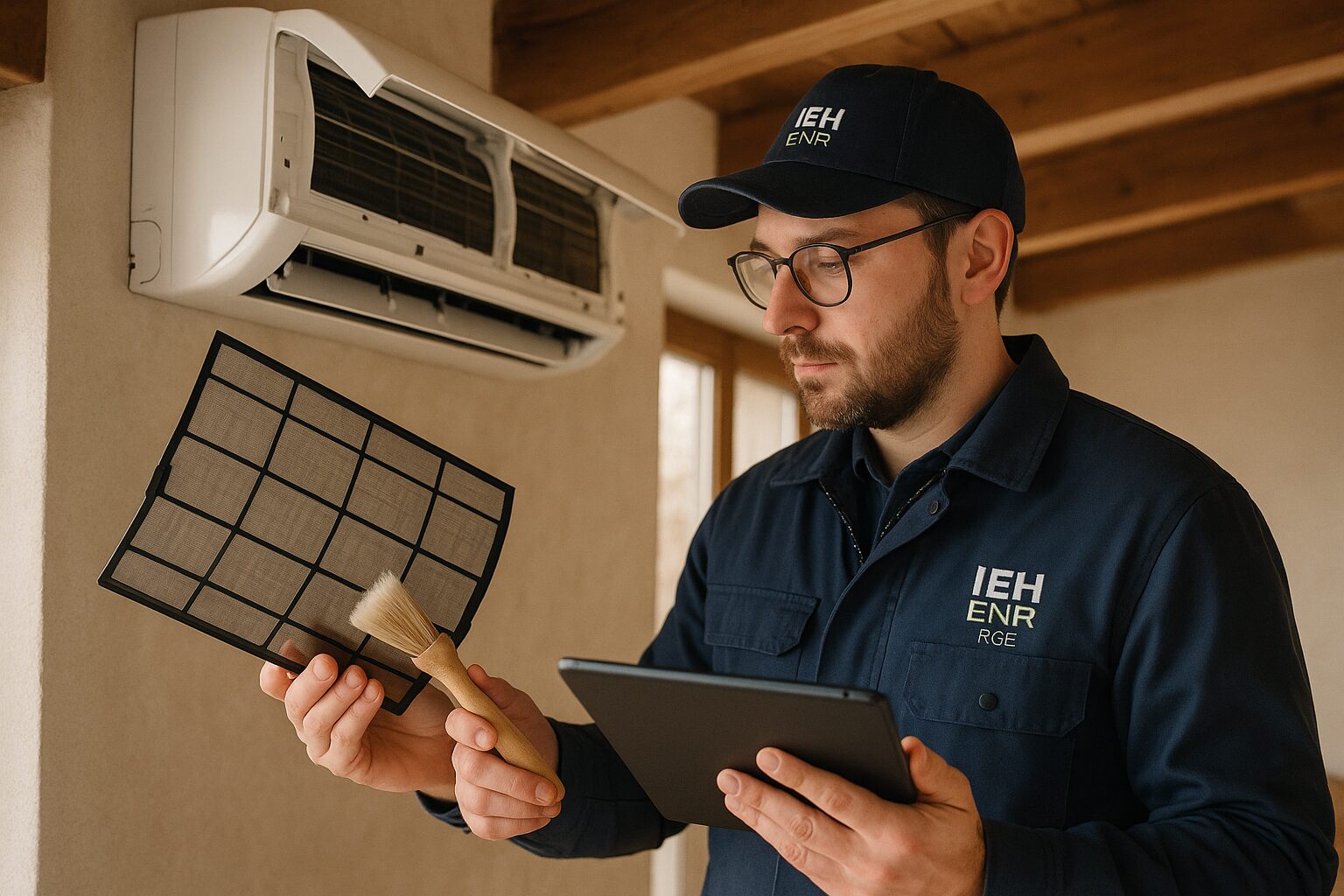 Technicien IEH ENR à Bouloc vérifiant une clim réversible avant l’hiver