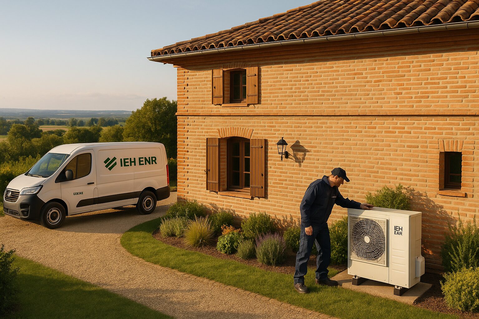 Technicien IEH ENR inspectant une pompe à chaleur air/eau devant une maison typique d’Occitanie