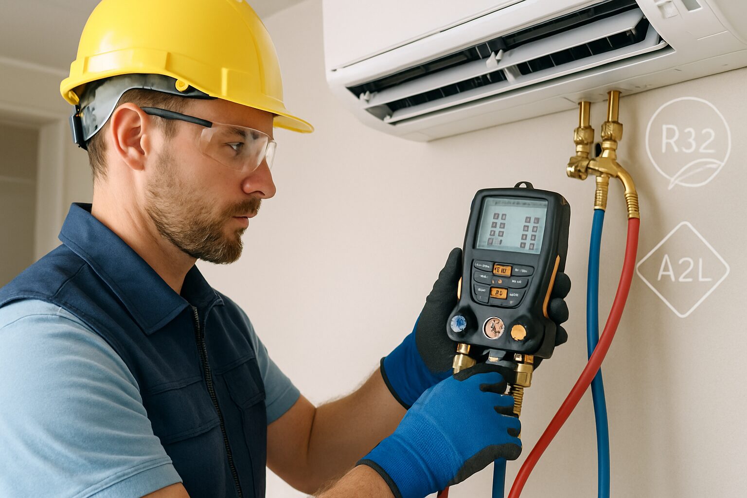 Technicien IEH ENR contrôlant une clim R32 à Bouloc (Haute-Garonne) avec manifolds numériques