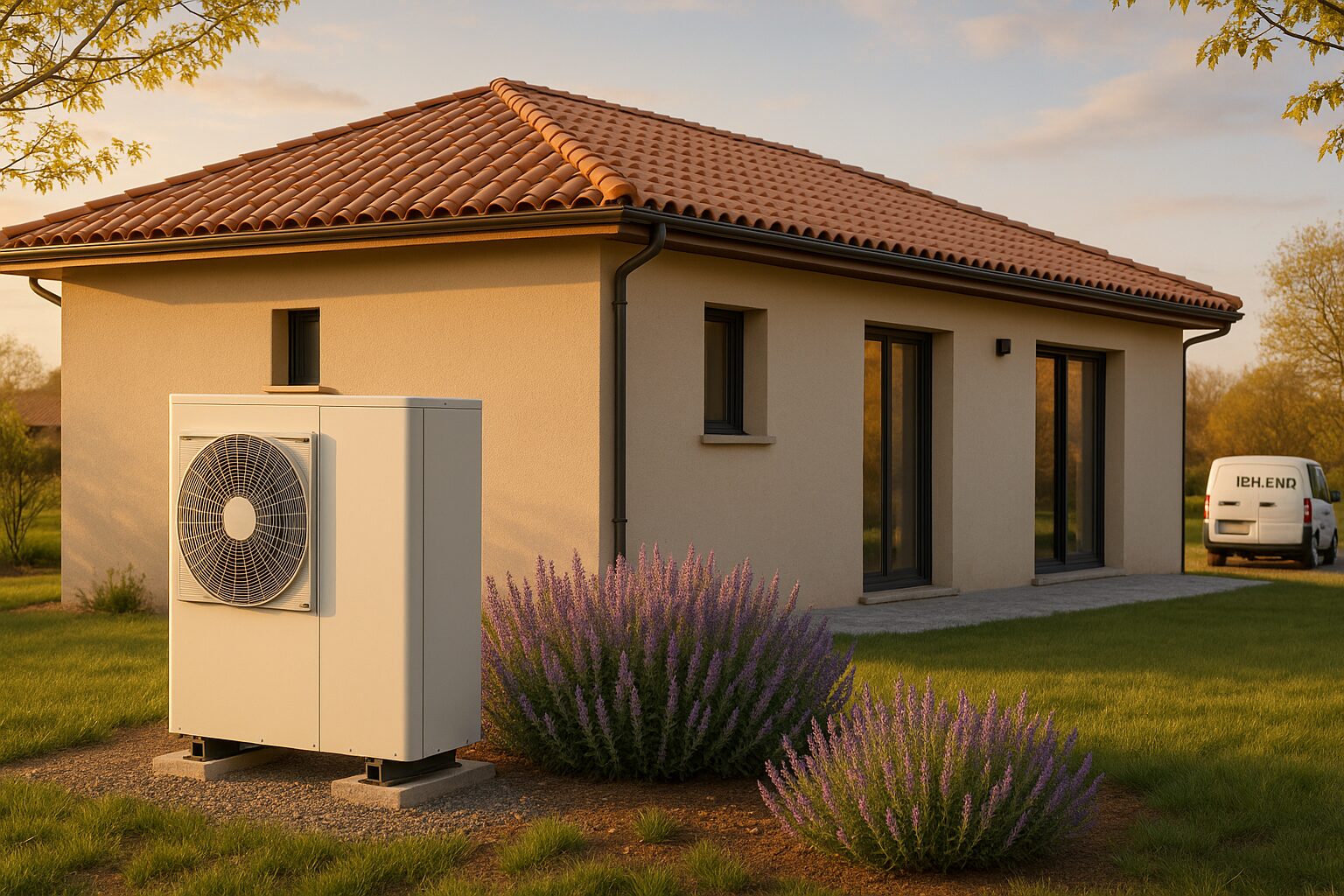 Maison à Bouloc avec unité extérieure de pompe à chaleur en mi‑saison, Haute‑Garonne