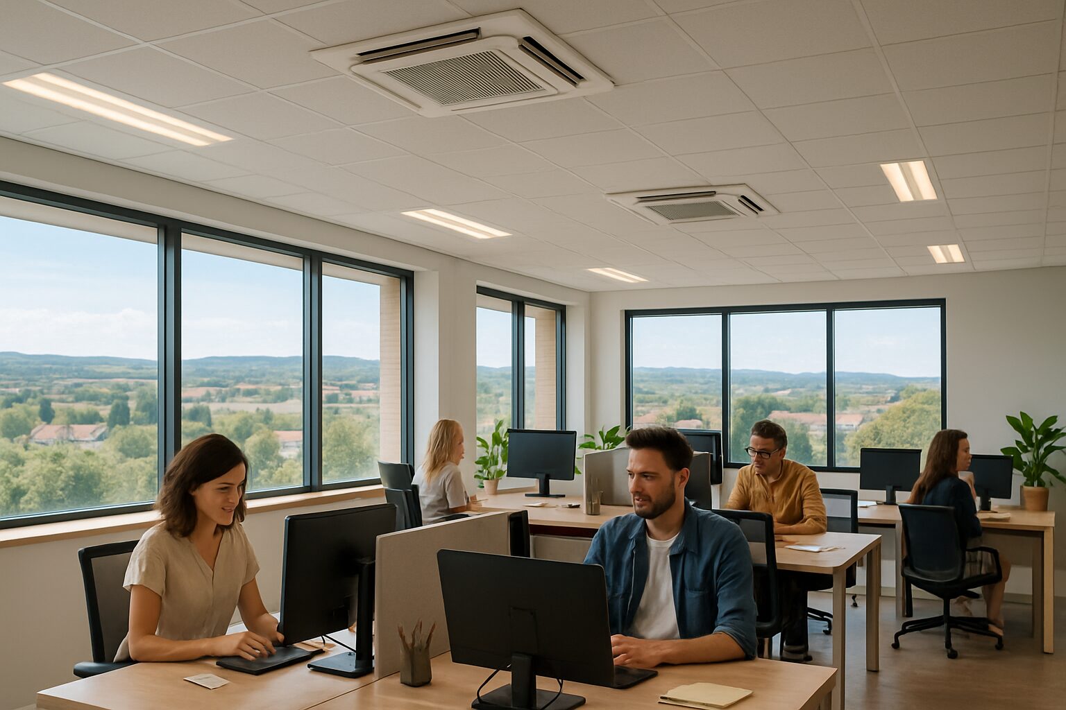 Open space à Toulouse avec cassettes de climatisation au plafond – bureaux
