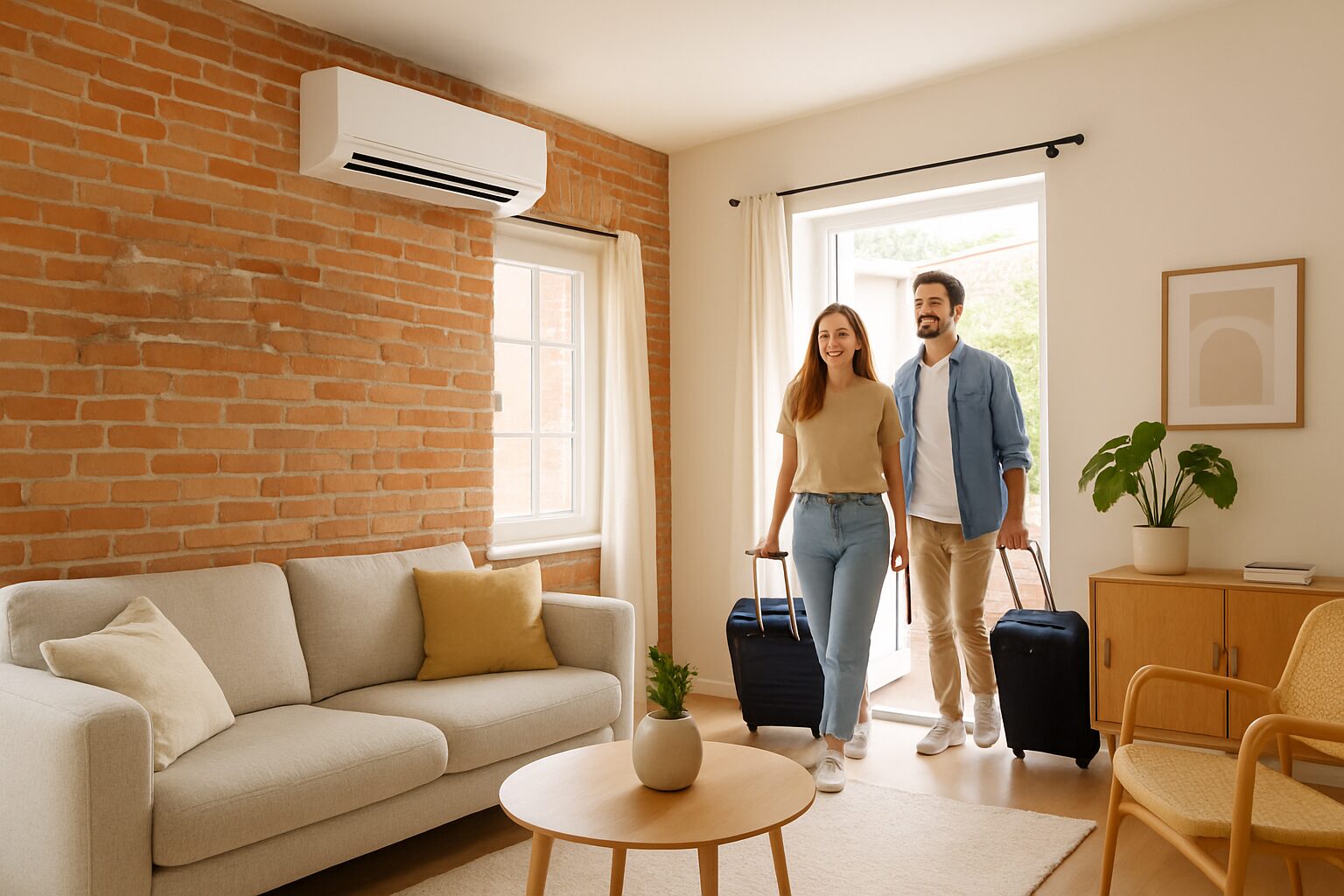 Salon Airbnb à Toulouse avec split de climatisation réversible – confort d’été assuré
